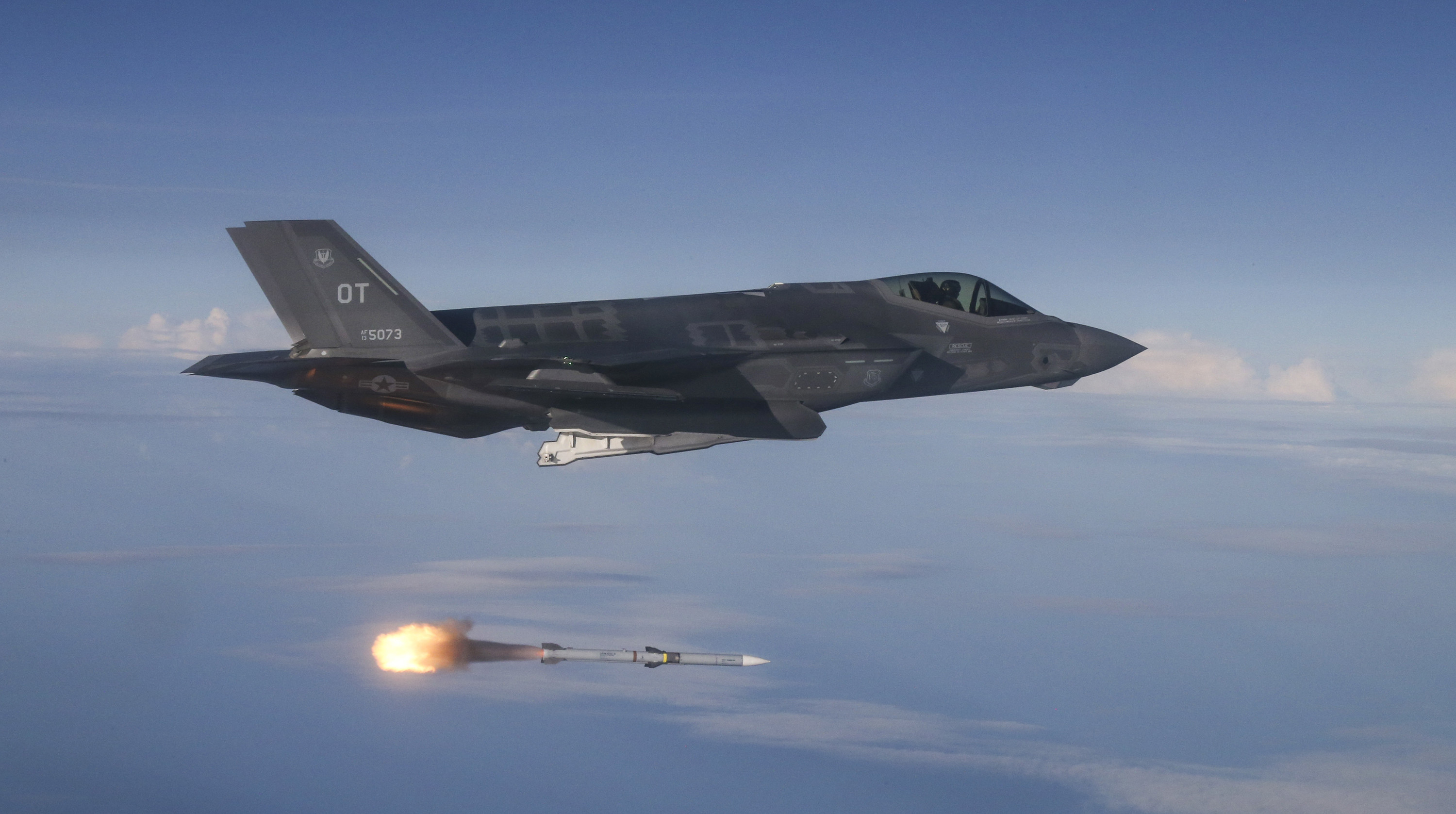 F-35A Lightning II test aircraft assigned to 31st Test Evaluation Squadron from Edwards Air Force Base, California, released AIM-120 AMRAAM and AIM-9X missiles at QF-16 targets during live-fire test over Air Force range in Gulf of America (formerly Gulf of Mexico), June 12, 2018 (U.S. Air Force/Michael Jackson)